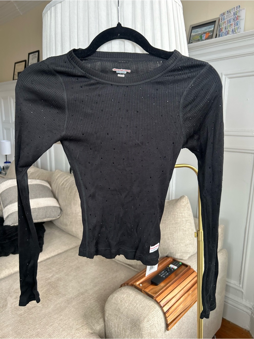 Blank NYC Black Ribbed Long-Sleeve Top with Tiny Stud Detail